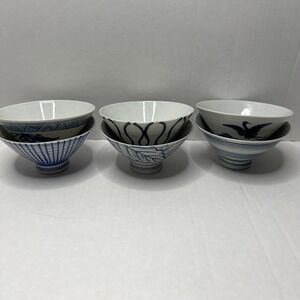 Vintage Chinese Blue Brush Strokes White Porcelain Soup Rice Bowls 5.5"- 6